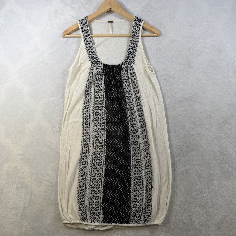 Free People Linen Knit Tunic Tank Top Medium Cream Black Boho Festival Style